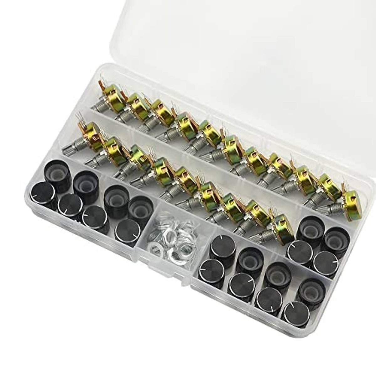 20-pack rotary potentiometer kit in clear case with black knobs and gold-topped terminals