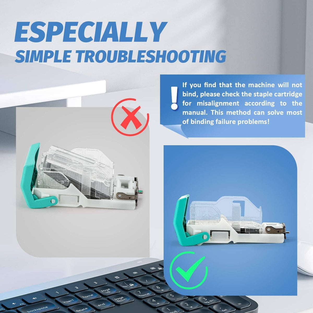 Electric stapler troubleshooting diagram with opened staple mechanism and check mark