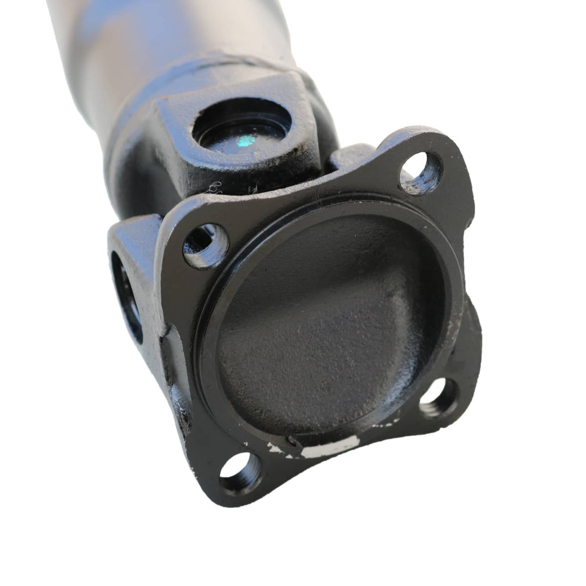 Rear driveshaft flange yoke with circular opening, four bolt holes, blue-gray metal finish