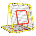 Yellow baseball rebounder net with black frame, red square target, and padded base mat
