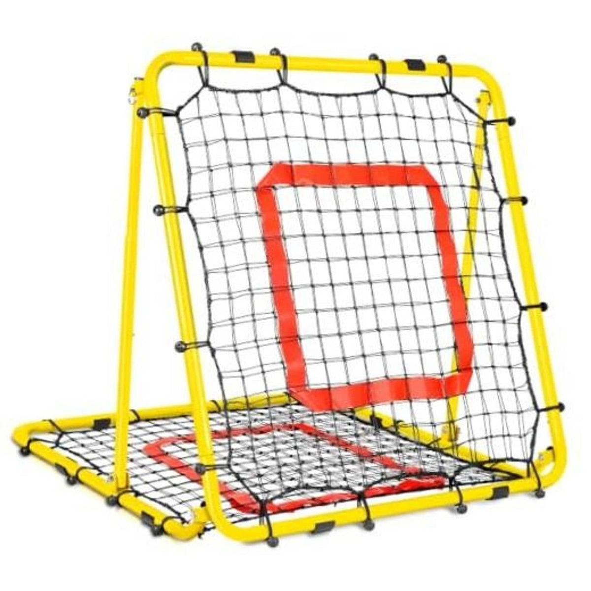 Yellow baseball rebounder net with black frame, red square target, and padded base mat
