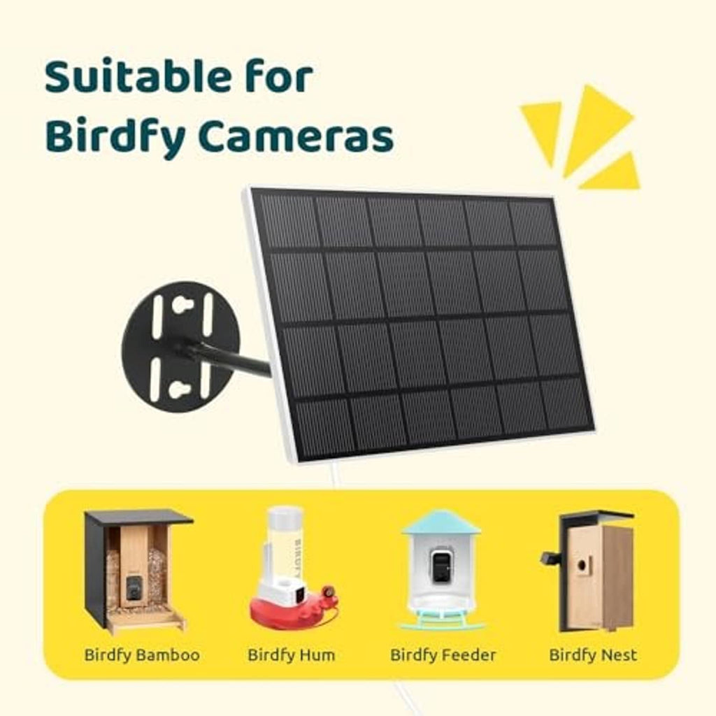 Compact solar panel with wall mount and charging cable for bird feeder cameras