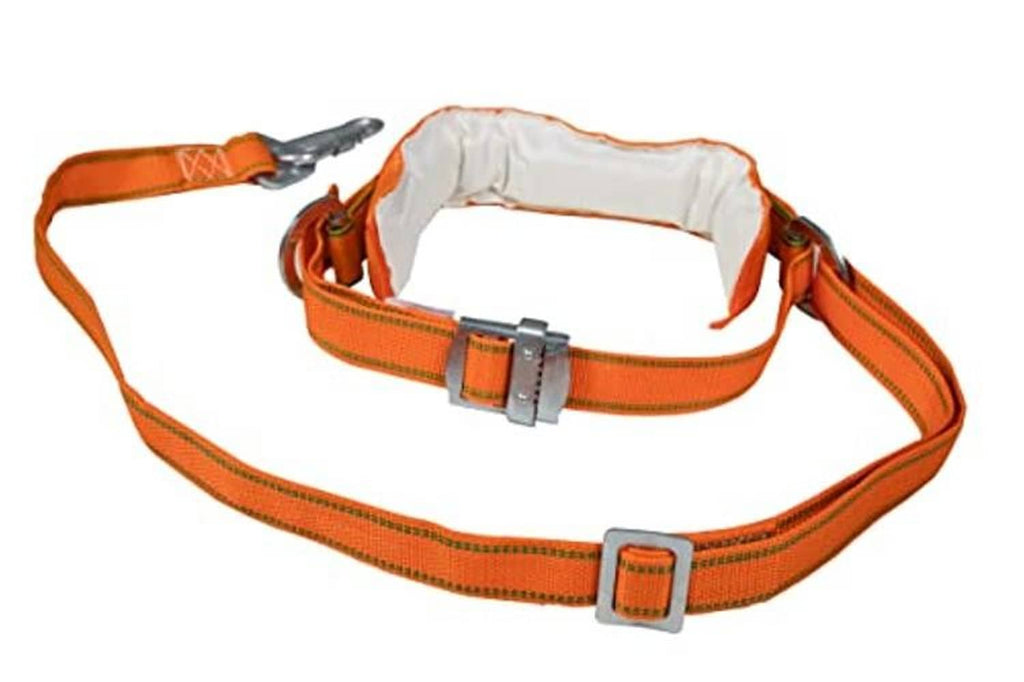 Orange tree climbing safety belt with metal buckle and secure webbing straps