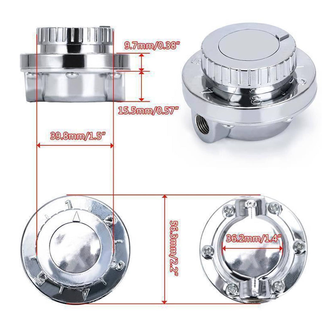 Chrome fuel pressure regulator showing top knob and circular end plate with side outlet