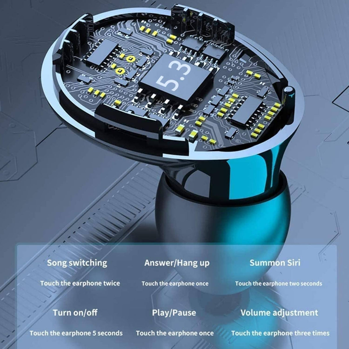 Wireless earbuds and charging case with visible circuit board internals