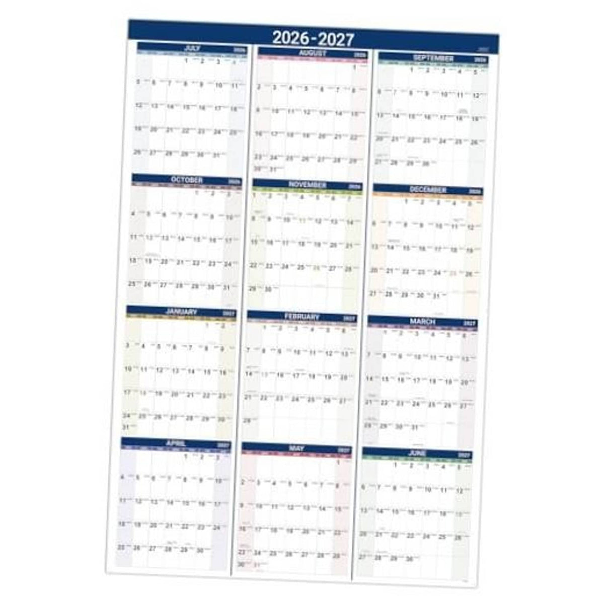 2026-2027 wall calendar with monthly date grid and blue month separators