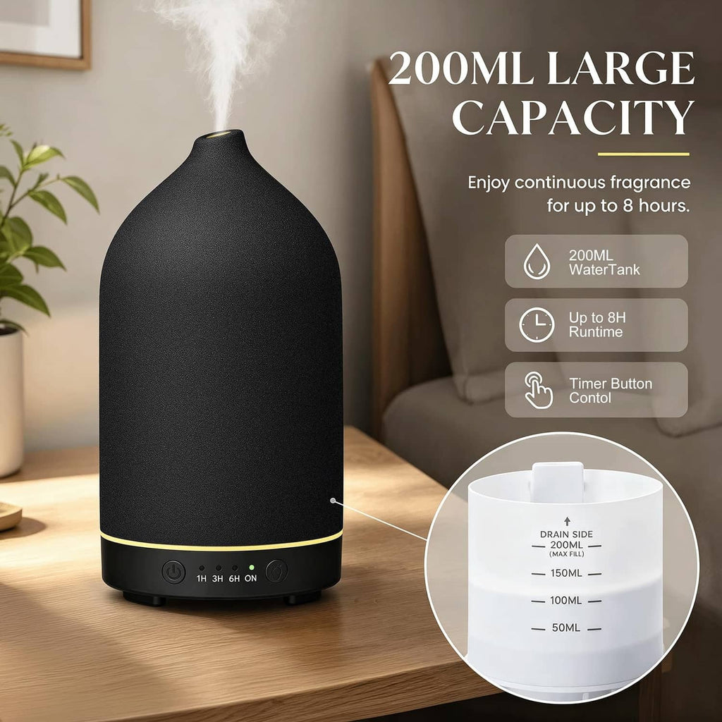 Black 200ml essential oil diffuser with water tank measuring cup insert
