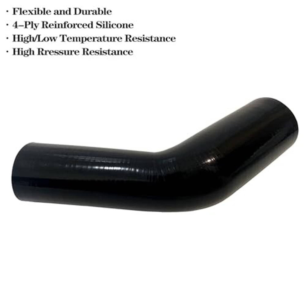 Black silicone hose elbow coupler, 45-degree bend, glossy finish on flexible tube.