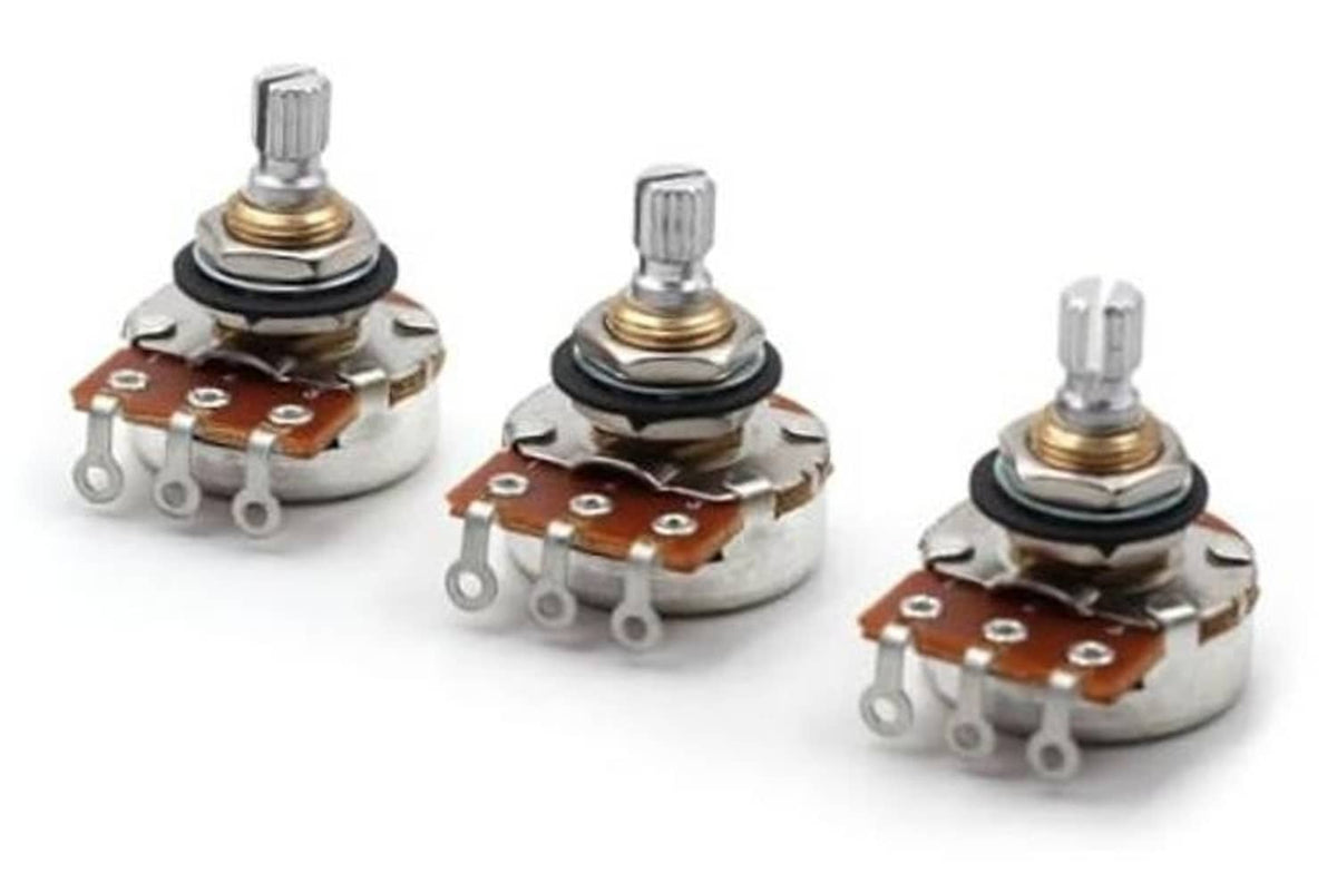 Audio taper potentiometer with short split shaft, metal body, and three solder lugs.