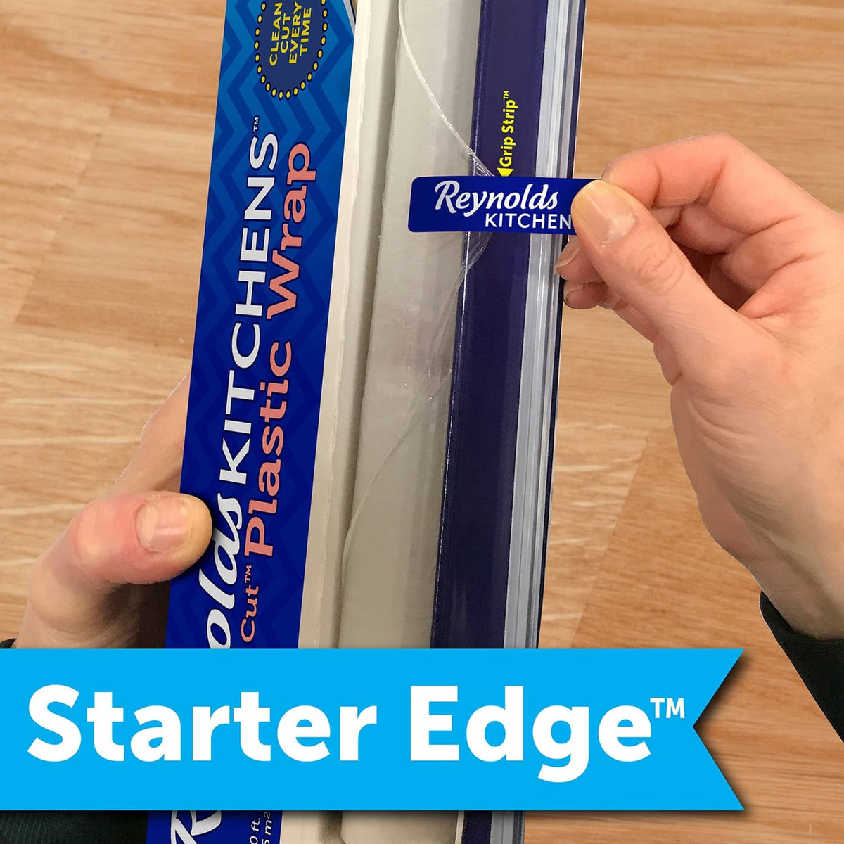 Plastic wrap dispenser with starter edge tab for easier starting and pulling