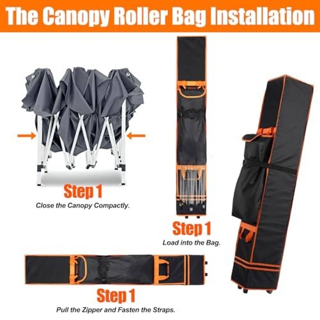 Black canopy storage roller bag with orange trim, straps and zipped compartments shown.