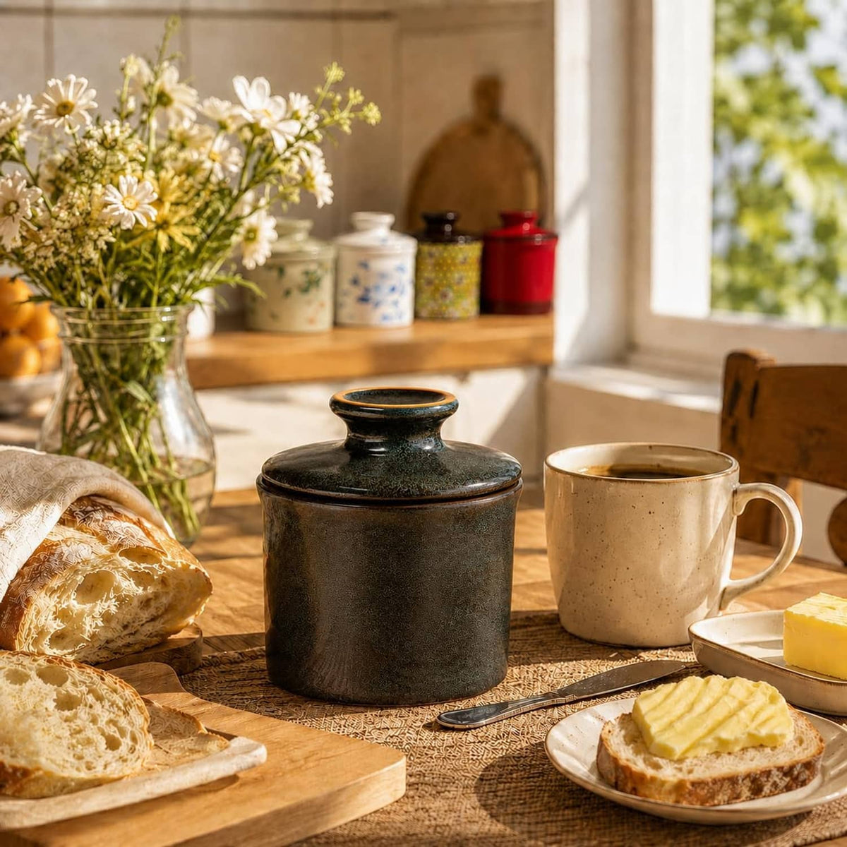 Greenish-brown butter crock with lid on a wooden table with bread and butter