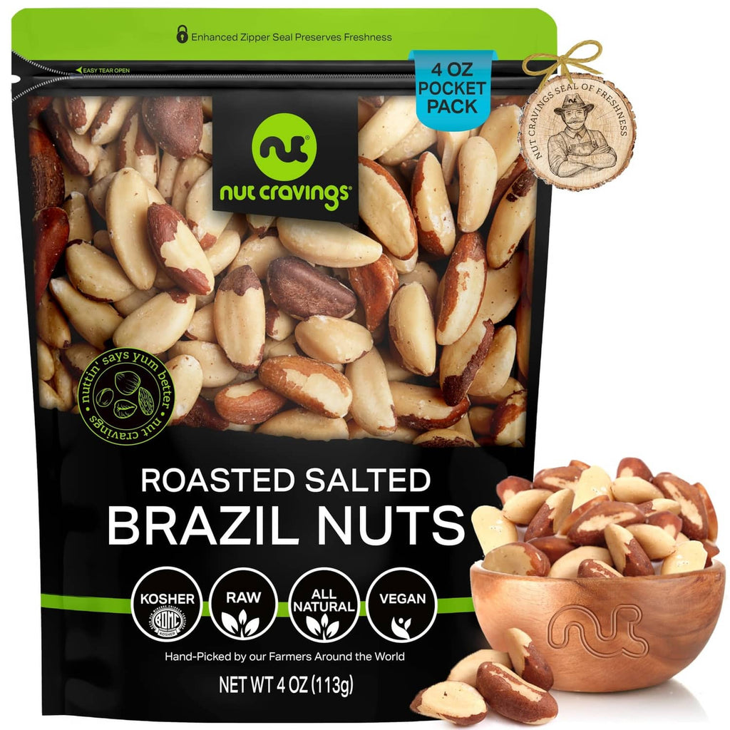 Roasted salted Brazil nuts pouch with mixed nut pieces inside