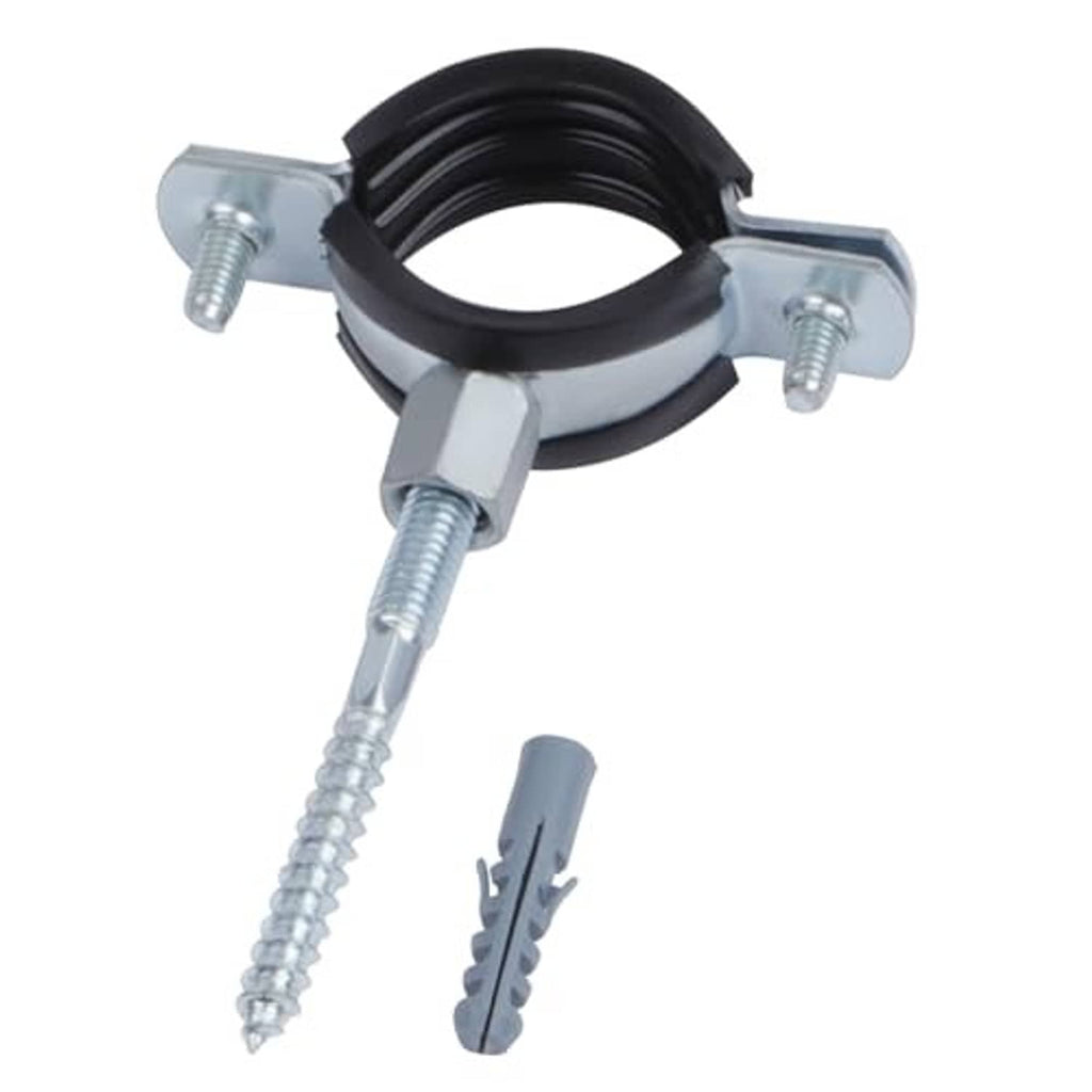 Split ring pipe hanger with black insert, galvanized clamp, and long mounting screws.