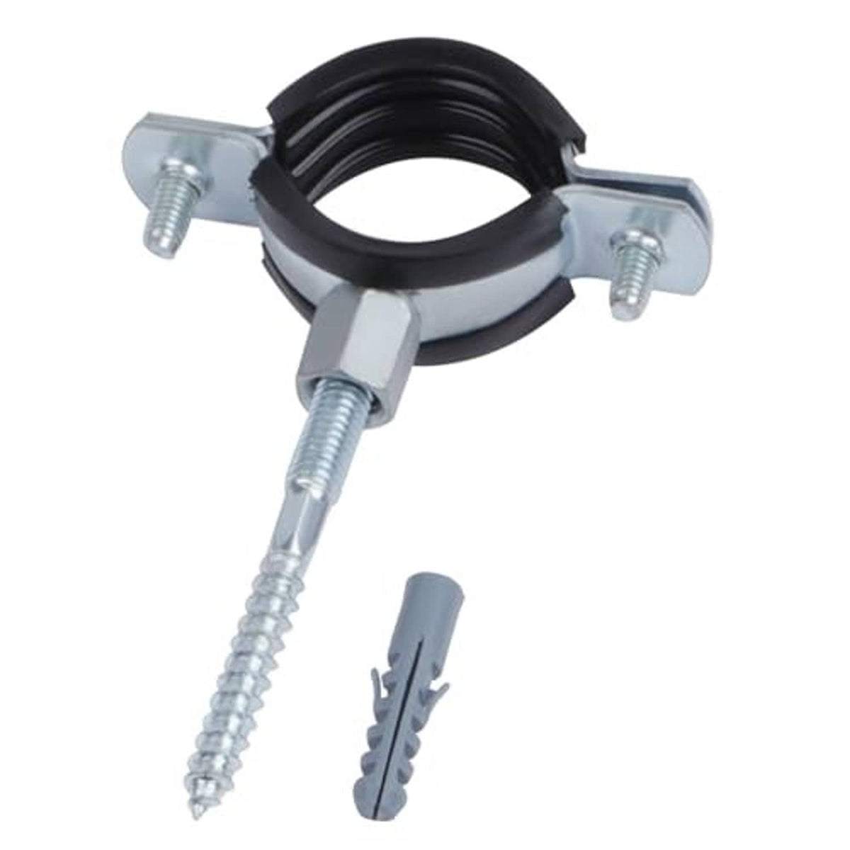 Split ring pipe hanger with black insert, galvanized clamp, and long mounting screws.