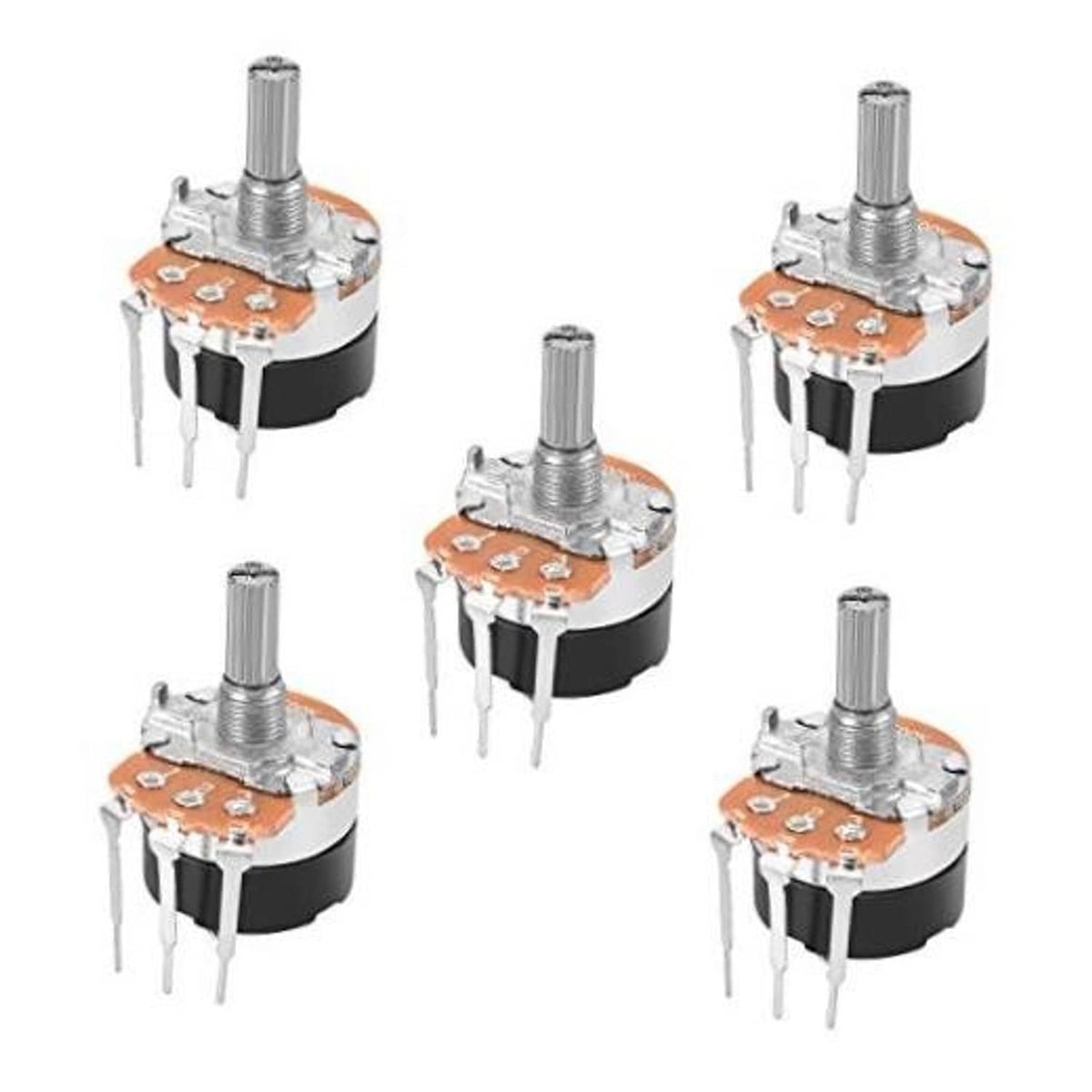 Rotary potentiometer with switch, orange top, metal shaft, 3 pin terminals