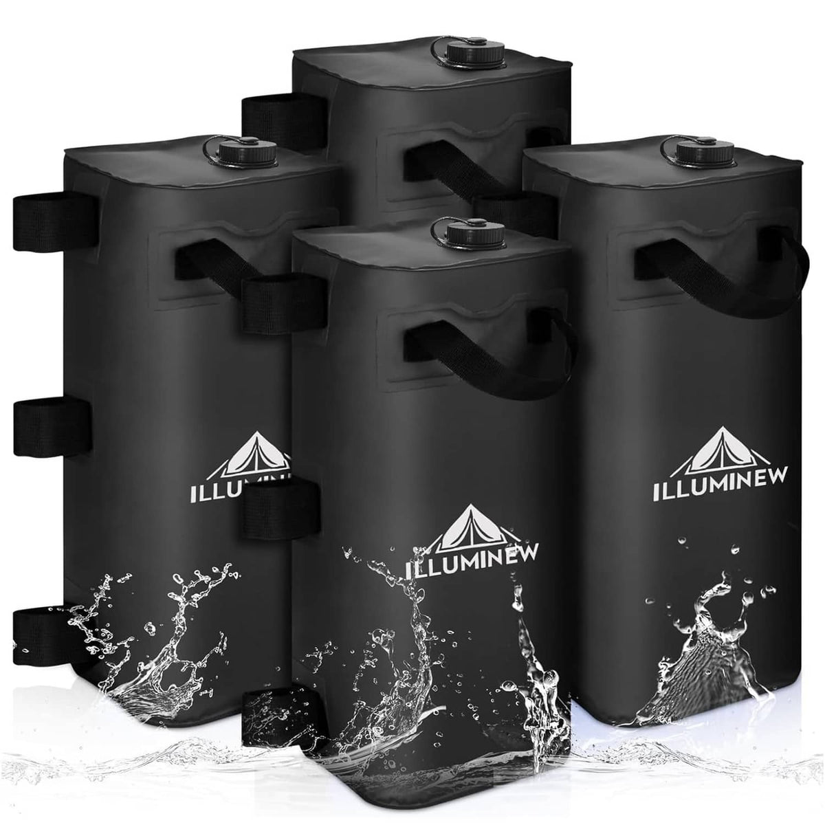 Four black canopy water weight bags with handles, stacked and standing upright