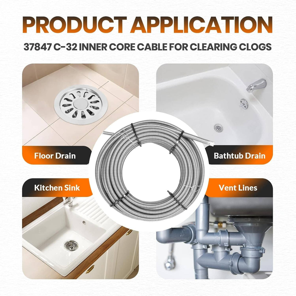 Coiled drain cleaning cable for clearing clogs in pipes and drains