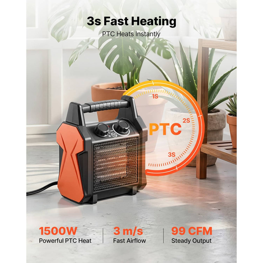 Portable electric greenhouse heater with orange panel, top controls, and front heat grille