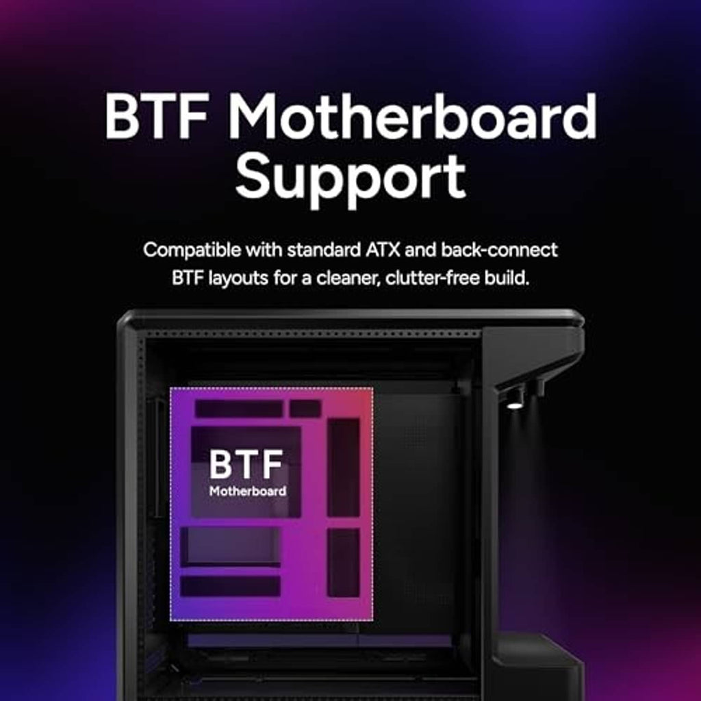 Open black PC case showing motherboard mounting support area