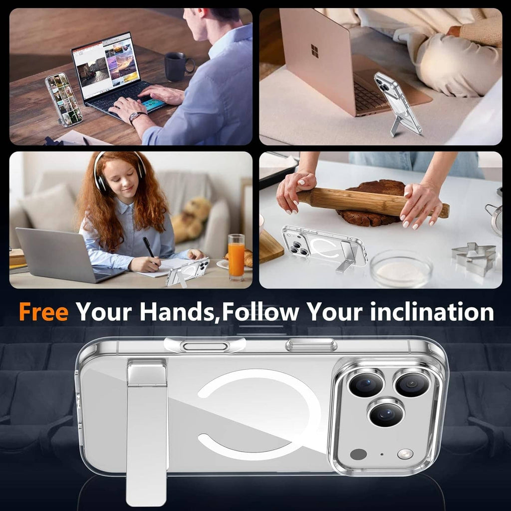 Clear phone case with hands-free kickstand for video calls and viewing angles