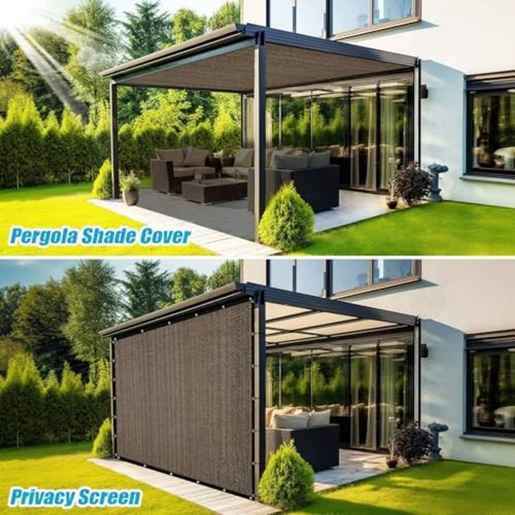 Brown mesh pergola shade cover panel with grommets, installed on a patio pergola