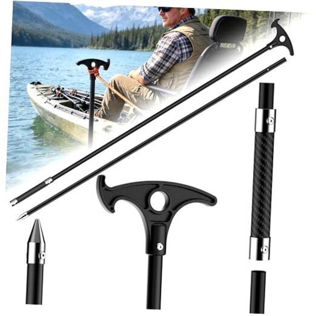 Shallow water anchor pole with black T-handle and hook, sectional pole pieces