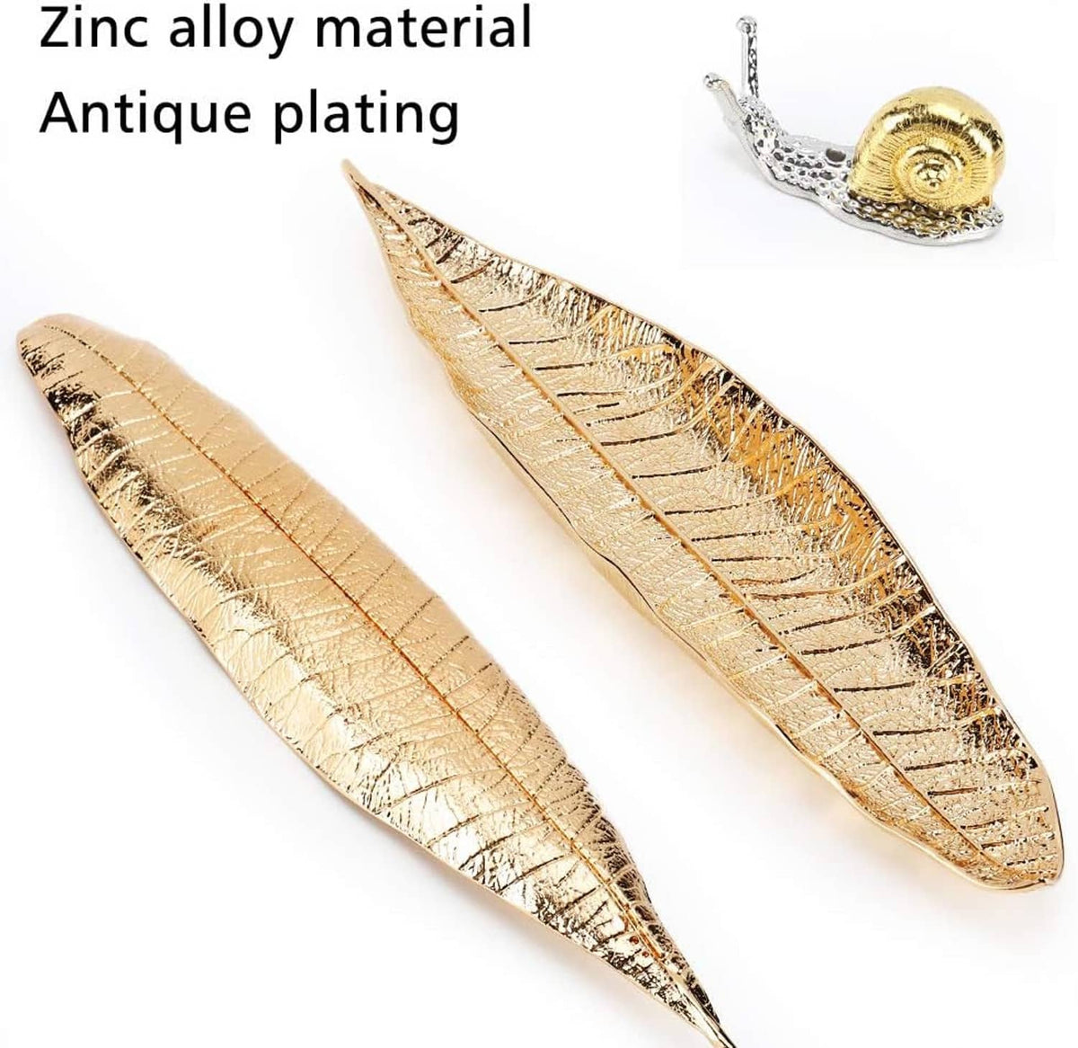 Set of two gold-toned leaf incense burners with etched lines and snail base holder