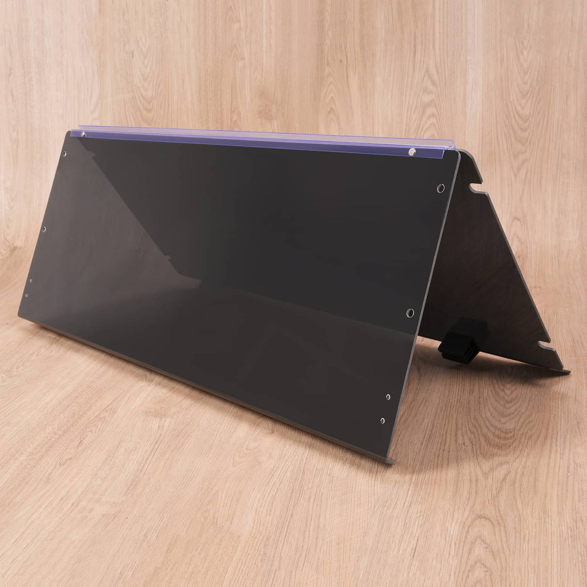 Tinted fold-down windscreen with purple edge bar, dark panel and locking knobs