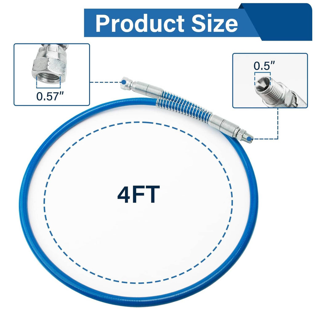 Blue 4 ft flexible airless whip hose with silver metal connectors