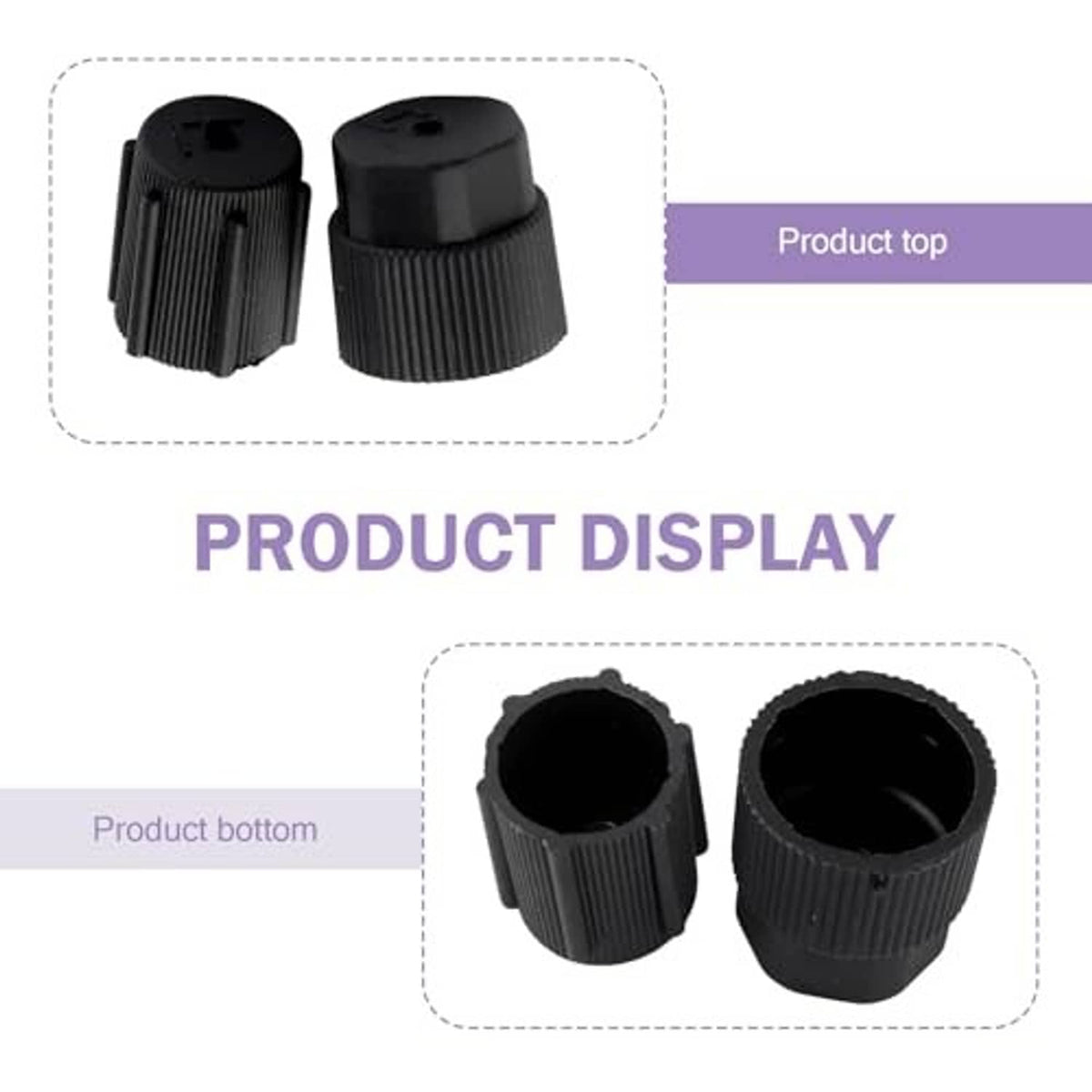 AC valve cap set with top and bottom views; black ribbed caps with pinholes