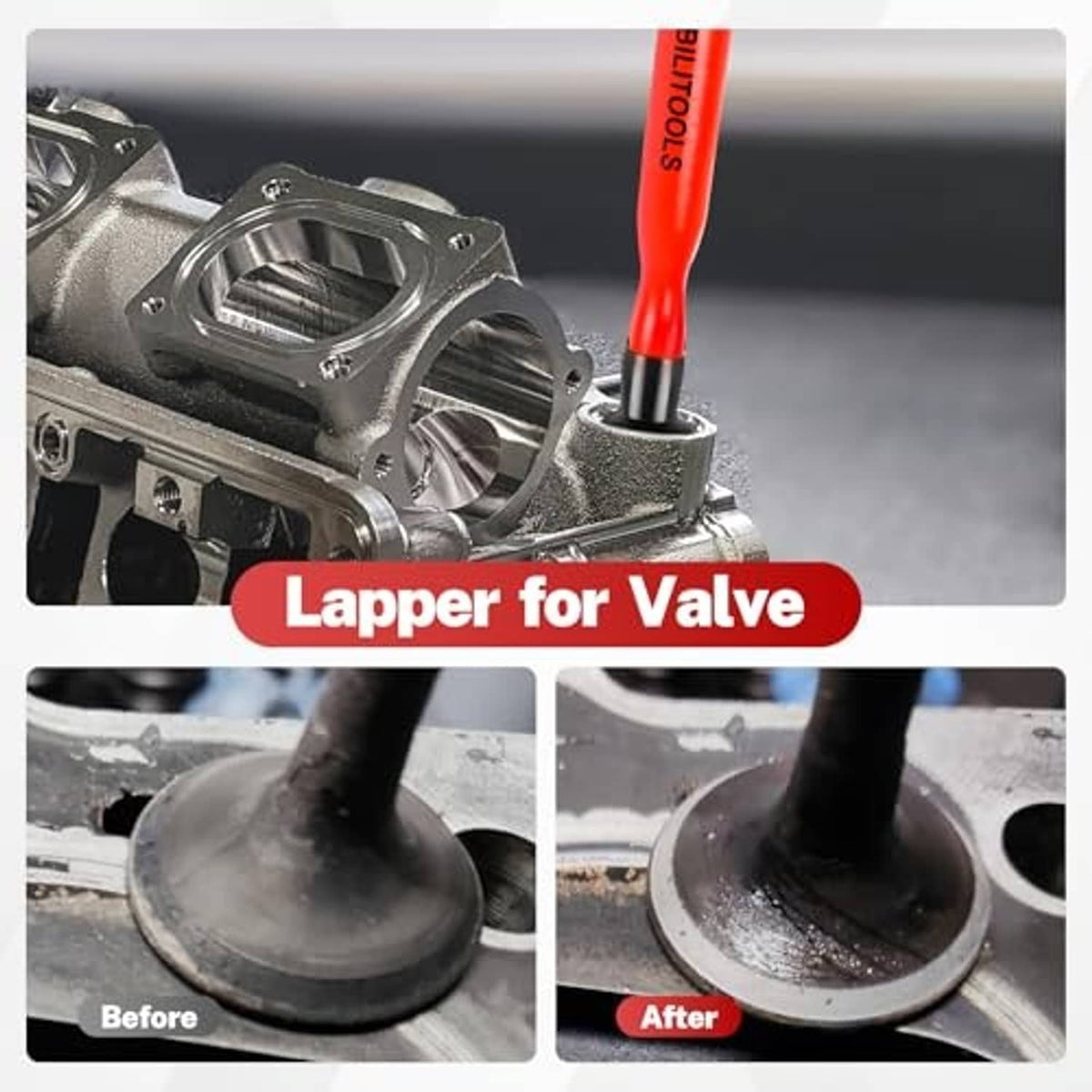 Valve lapping tool for valve seat with red handle and steel head