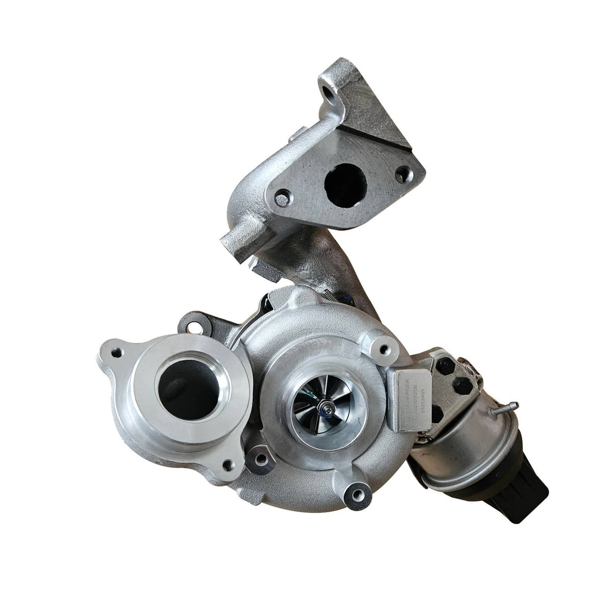 Turbocharger with compressor and turbine housings, silver metal, round black intake
