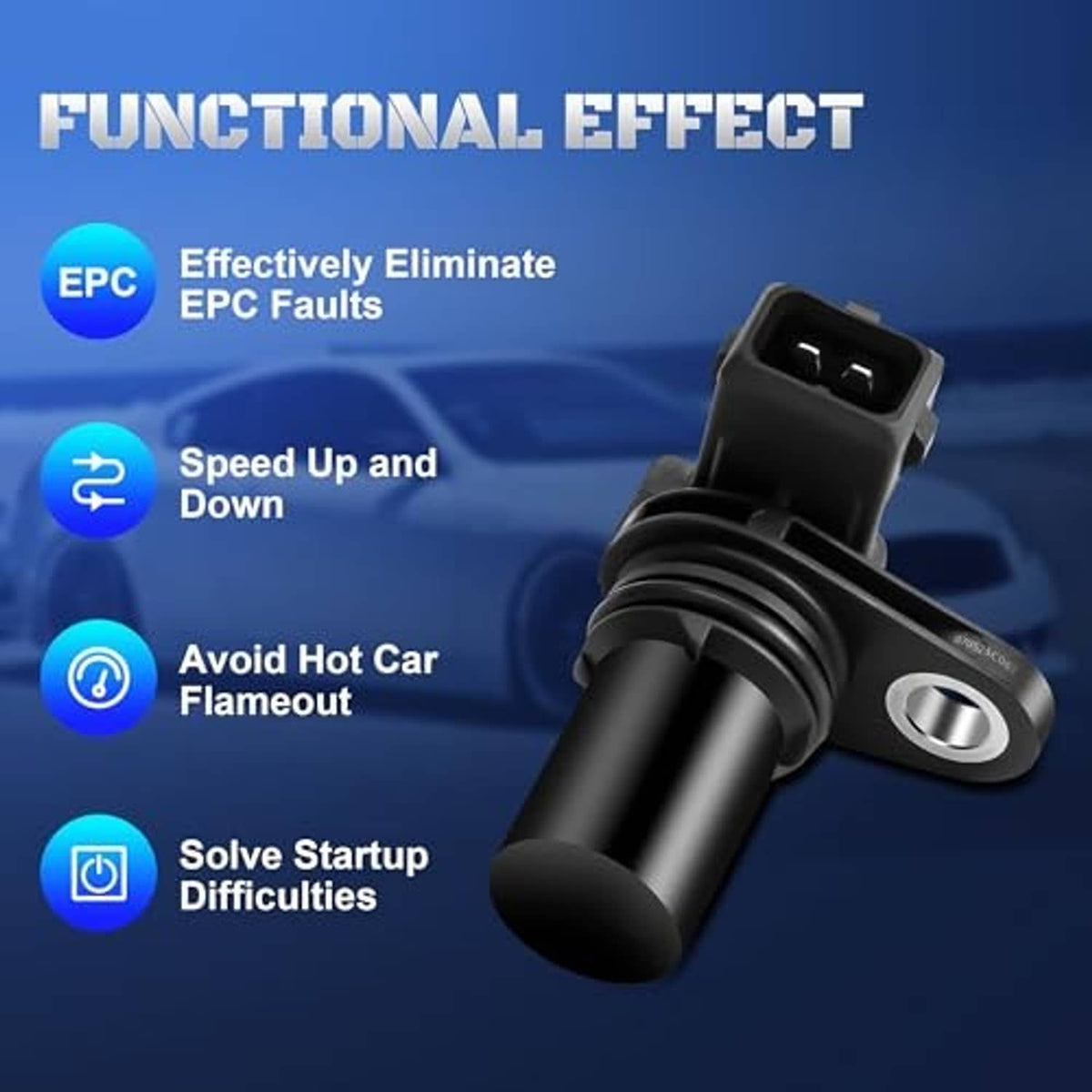 Black camshaft position sensor with metal mounting ring and two-prong connector