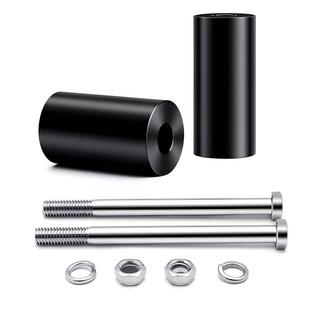 Black 2-inch handlebar riser extension kit with two sleeves, bolts, nuts and washers.