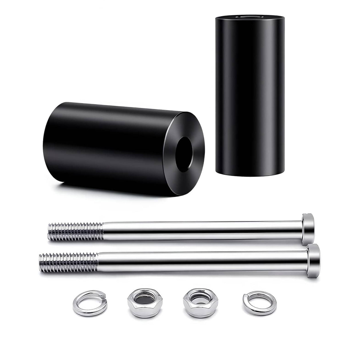 Black 2-inch handlebar riser extension kit with two sleeves, bolts, nuts and washers.