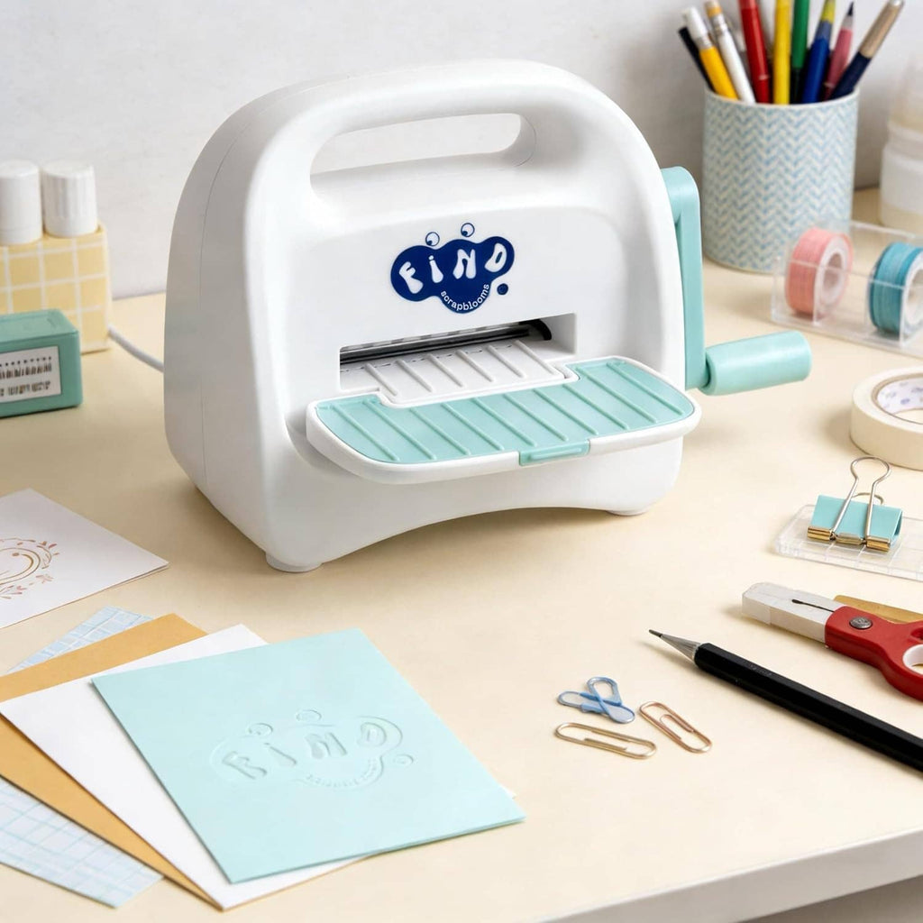 White and teal mini die cutting machine with open cutting platform