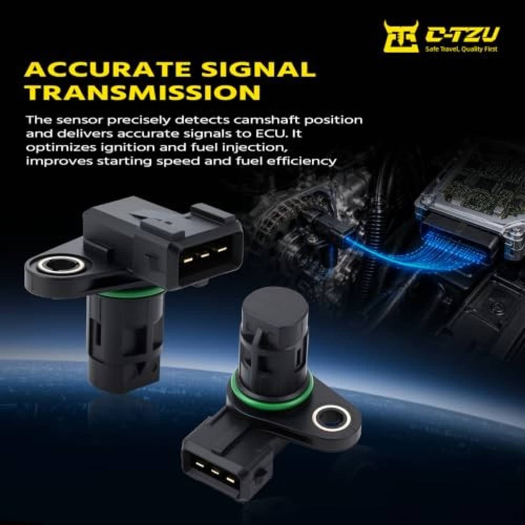 Two black camshaft position sensors with green O-ring and circular mounting eyelet