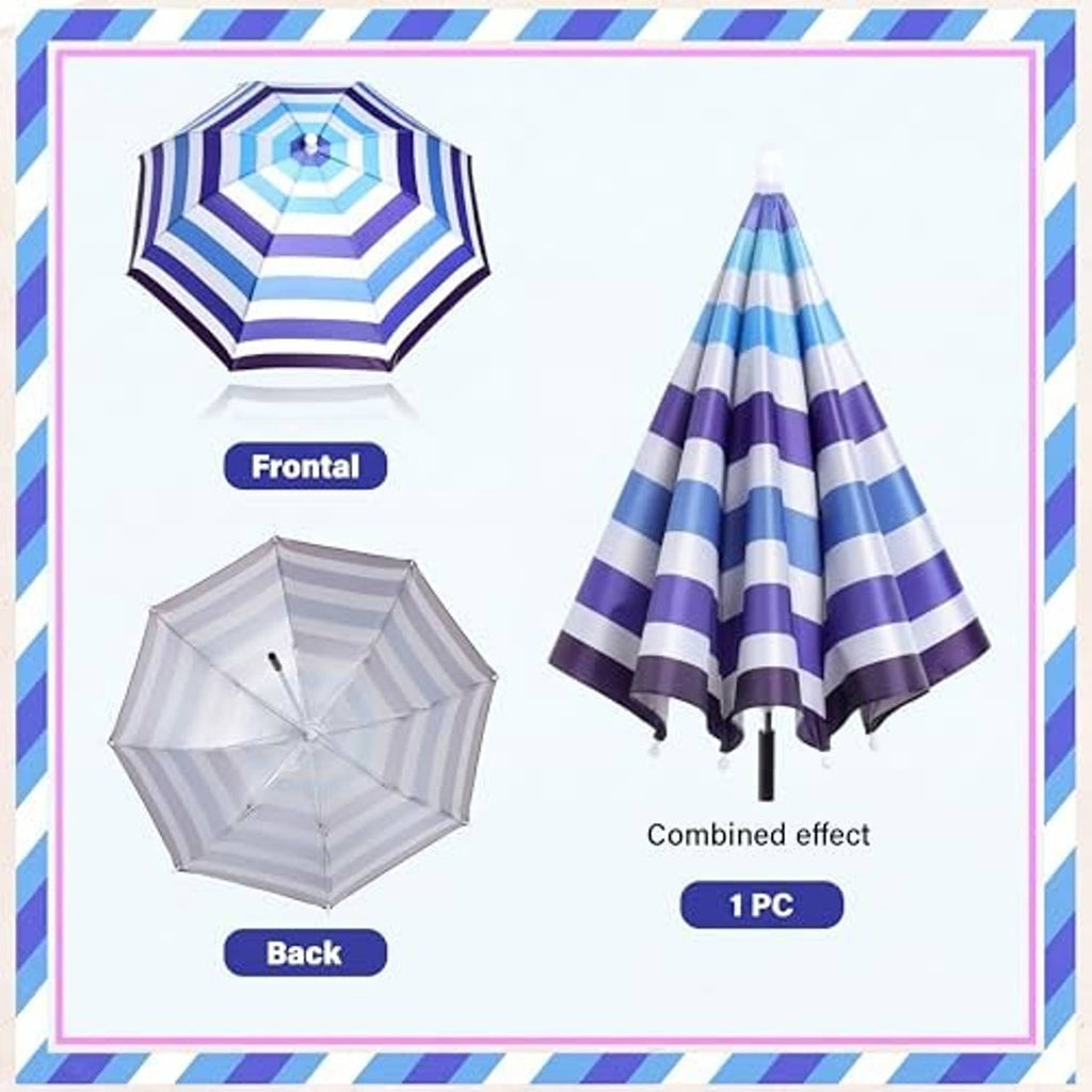 Blue and white striped plant umbrella canopy, shown from front and back views