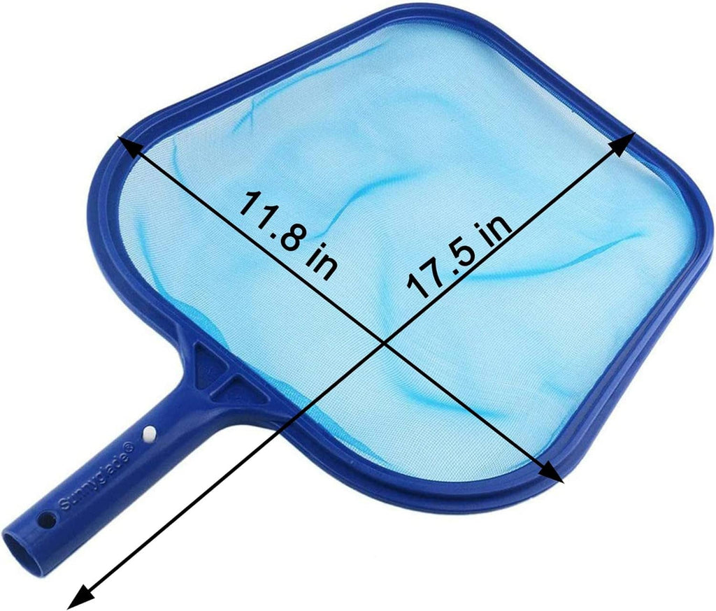 Blue pool leaf rake fine mesh net with measurement labels and rectangular frame