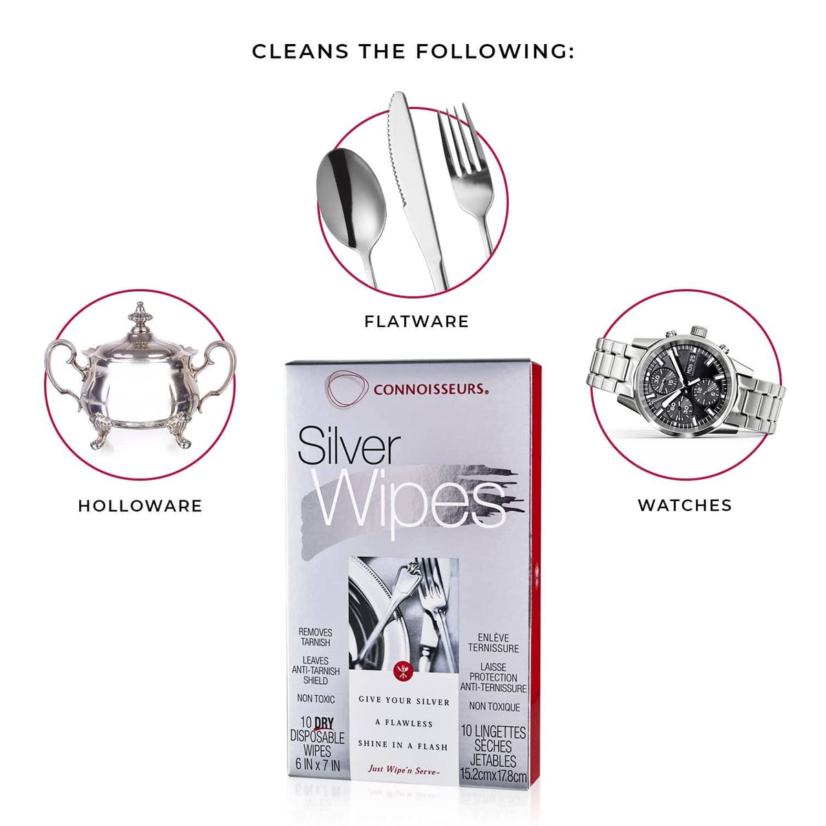 Silver wipes box with icons for hollowware, flatware, and watches