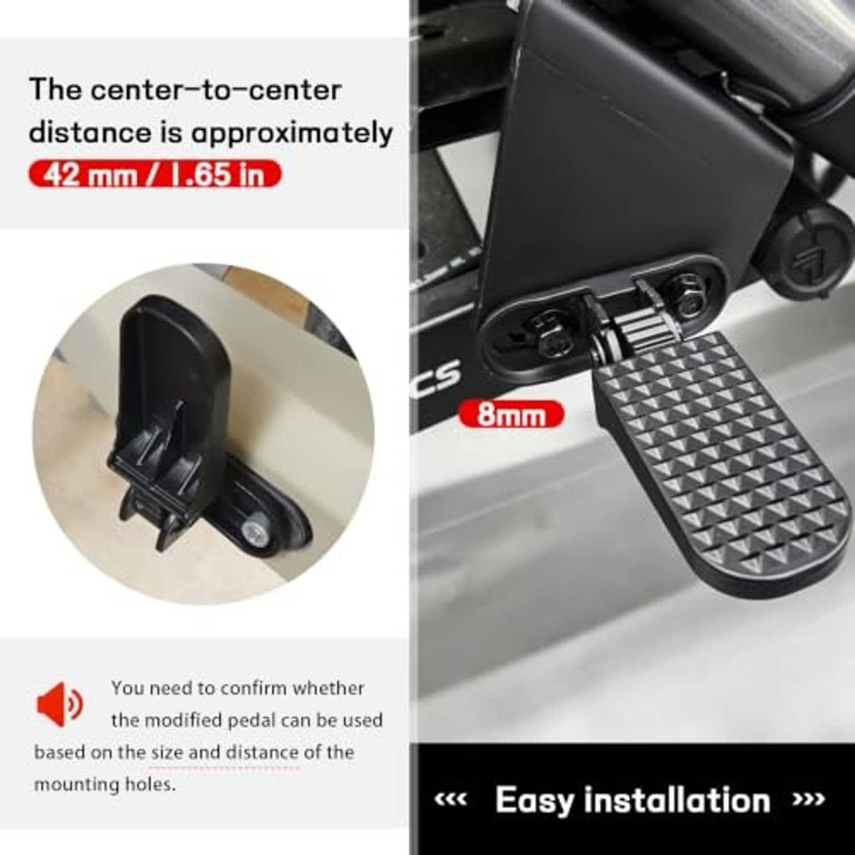 Black scooter footpeg mounting hardware with anti-slip tread pad