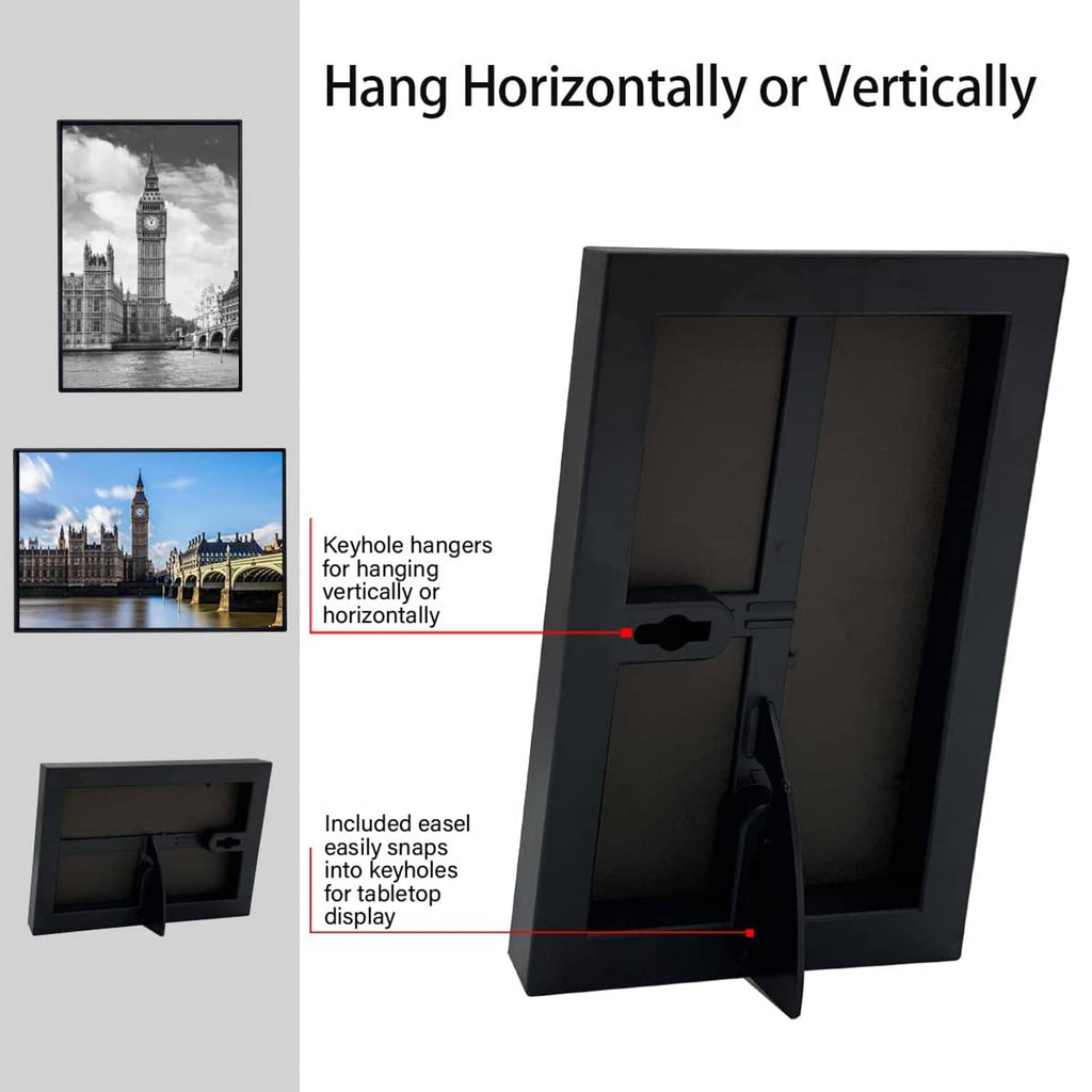 Black 4x6 photo frame with tabletop easel stand and hanging hardware points