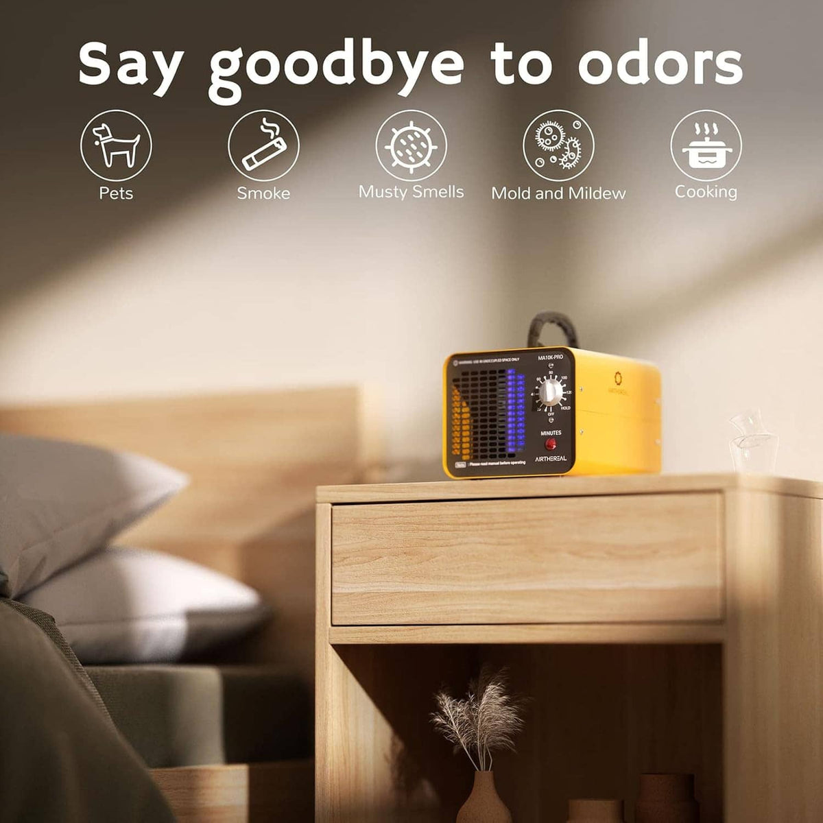 Yellow ozone generator on a tabletop with black front grille and control dial