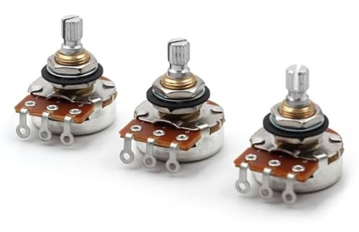 Rotary potentiometer with short split shaft, metal base, and three side solder terminals.
