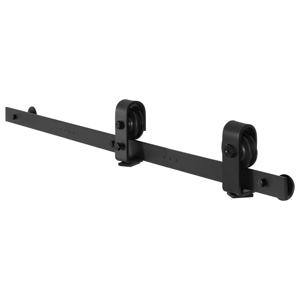 Close-up bi-fold sliding barn door track with black rail and two roller hanger assemblies
