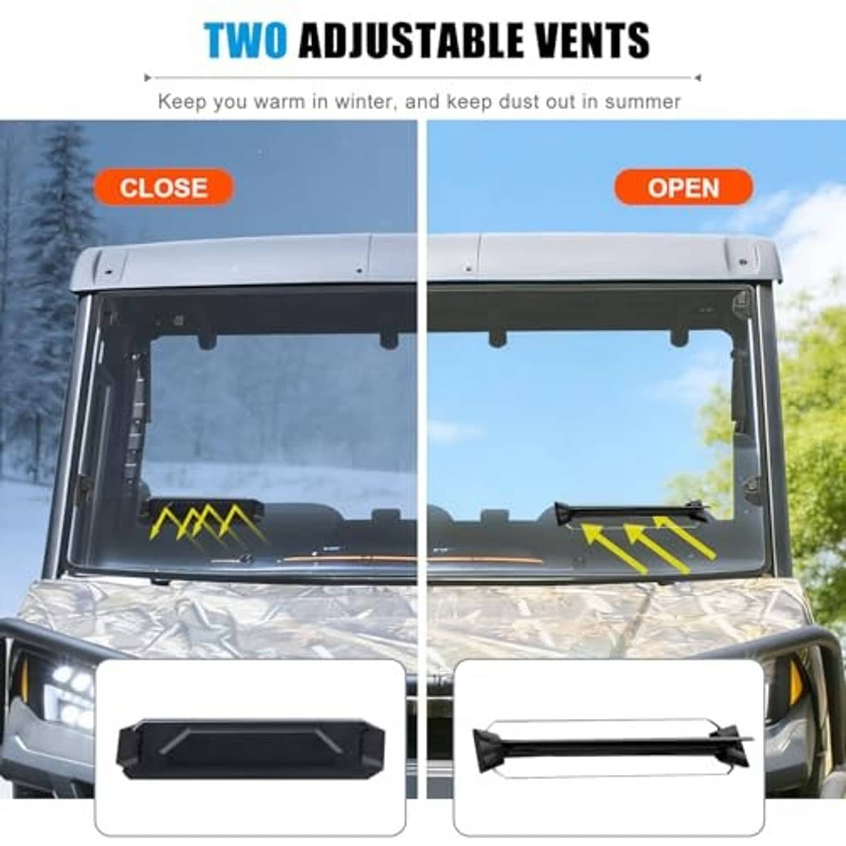 Front windshield with adjustable vents showing open and close positions