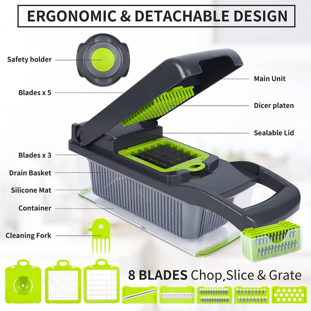 Gray vegetable chopper slicer kit with detachable parts, green safety holder, 8 blades.