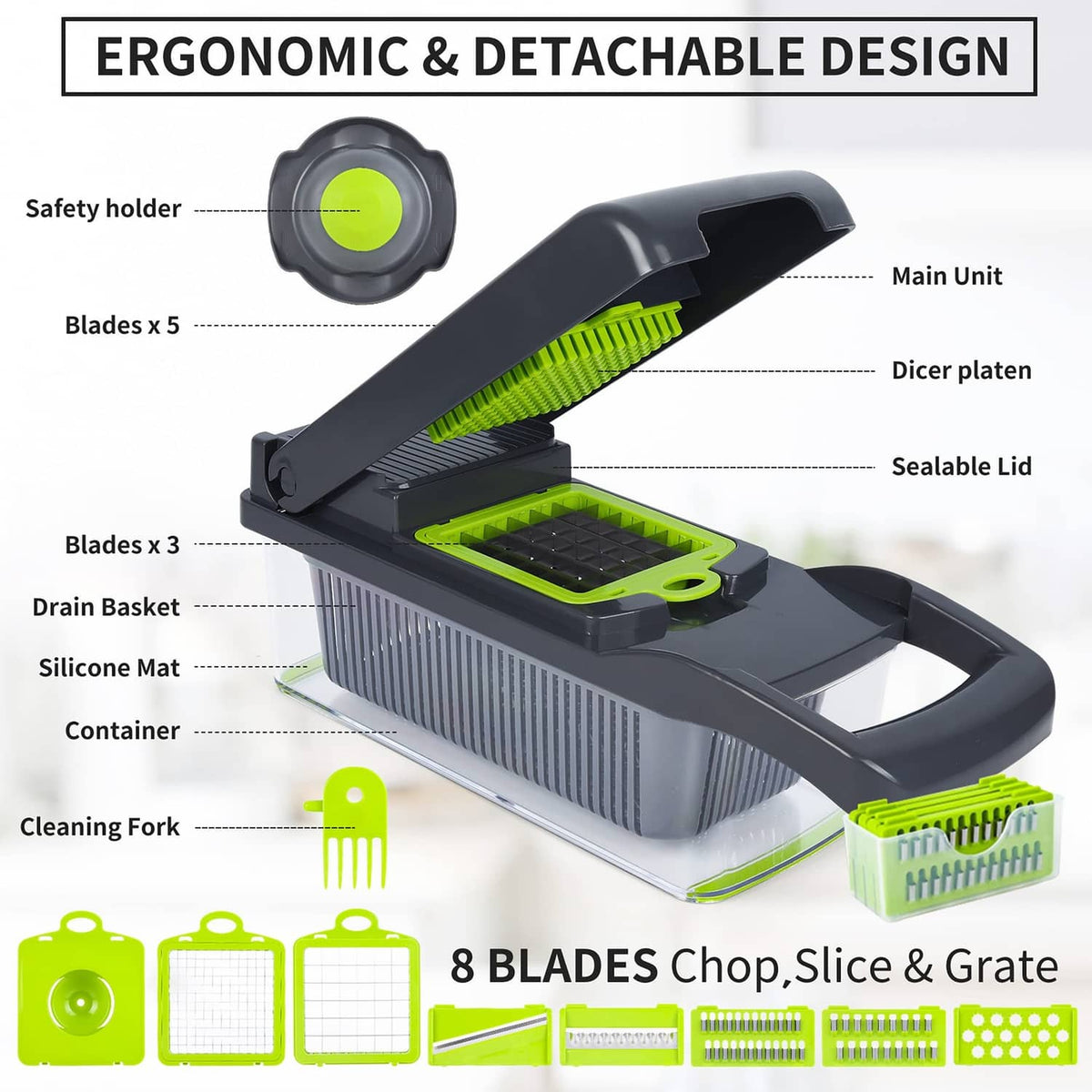 Gray vegetable chopper slicer kit with detachable parts, green safety holder, 8 blades.