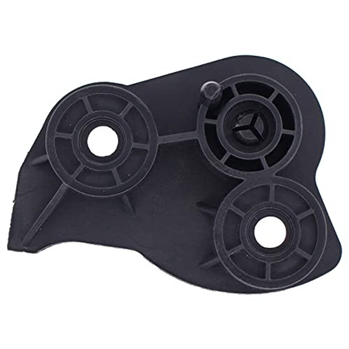 Hood latch release handle base plate in black plastic with three circular openings